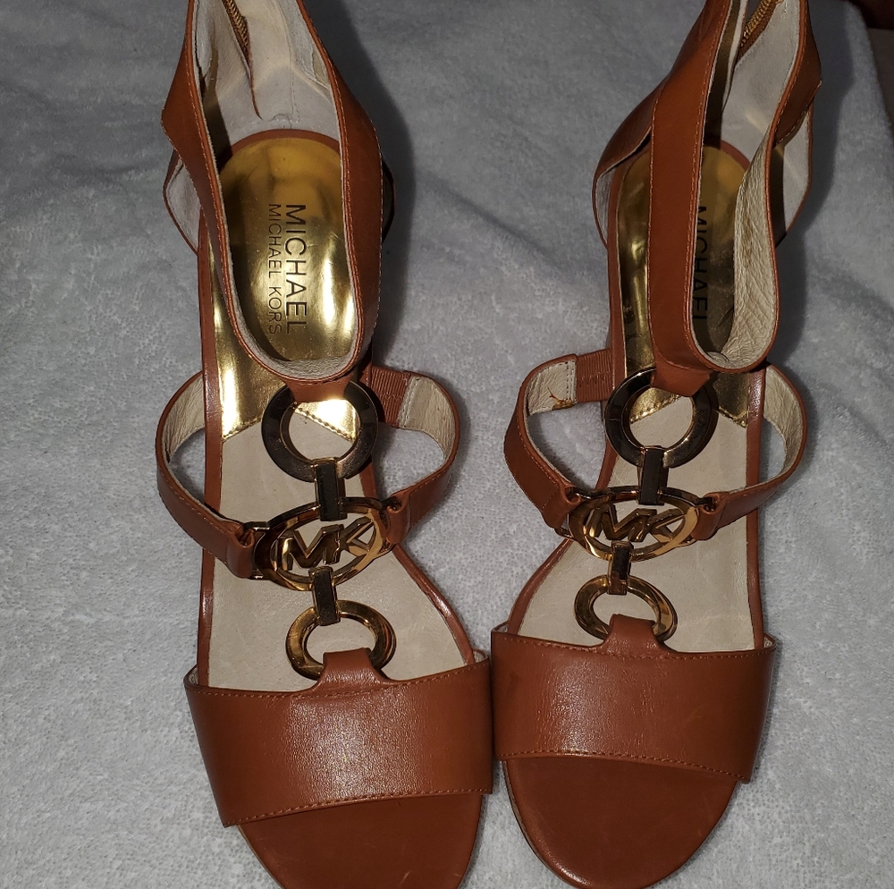 Michael Kors Tan Brown Leather MK Logo T-Strap Heels